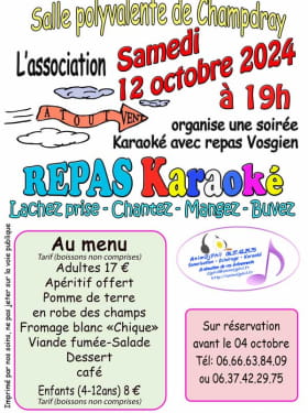 REPAS VOSGIEN AVEC SOIRÉE KARAOKÉ Le 12 oct 2024